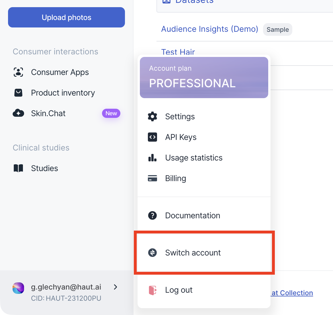 Switch account option in the user menu